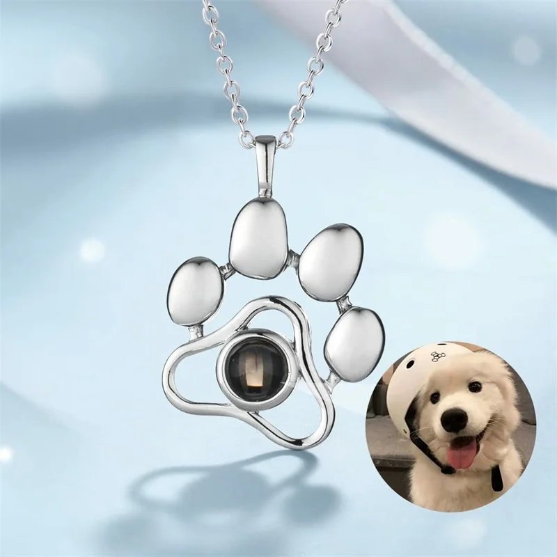 Personalized Photo Projection Necklace I Love You 100 Languages Dog Paw Memorial Pendant Necklace Custom Photo Dog Paw Necklace