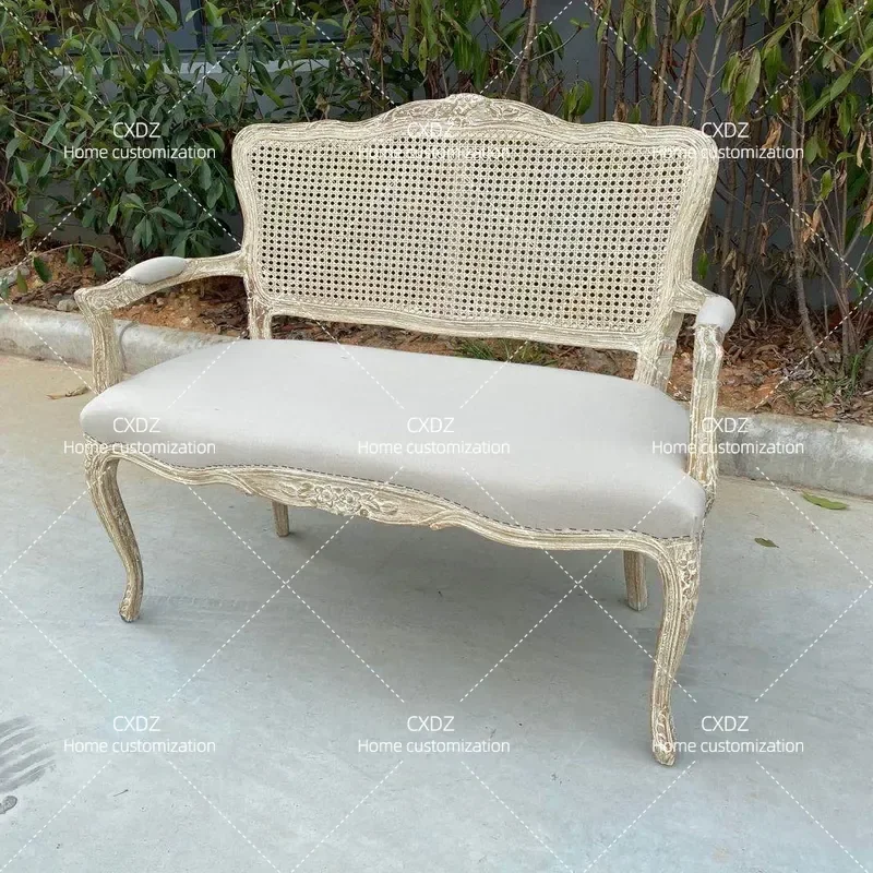 American French country rattan art solid wood carving flower living room white old three sofa combination retro two