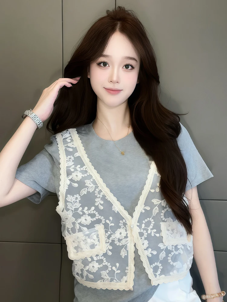 Dentelle épissure pur coton ort Sve T-shirt femmes faux deux pièces été nouveau Sle trajet coréen coupe ample rond Ne haut