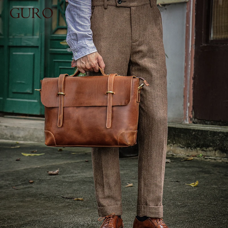 GURO 高級ブランド本革ハンドバッグ男性エグゼクティブブリーフケースレトロ大型メッセンジャーバッグクレイジーホース牛革ラップトップショルダーバッグ