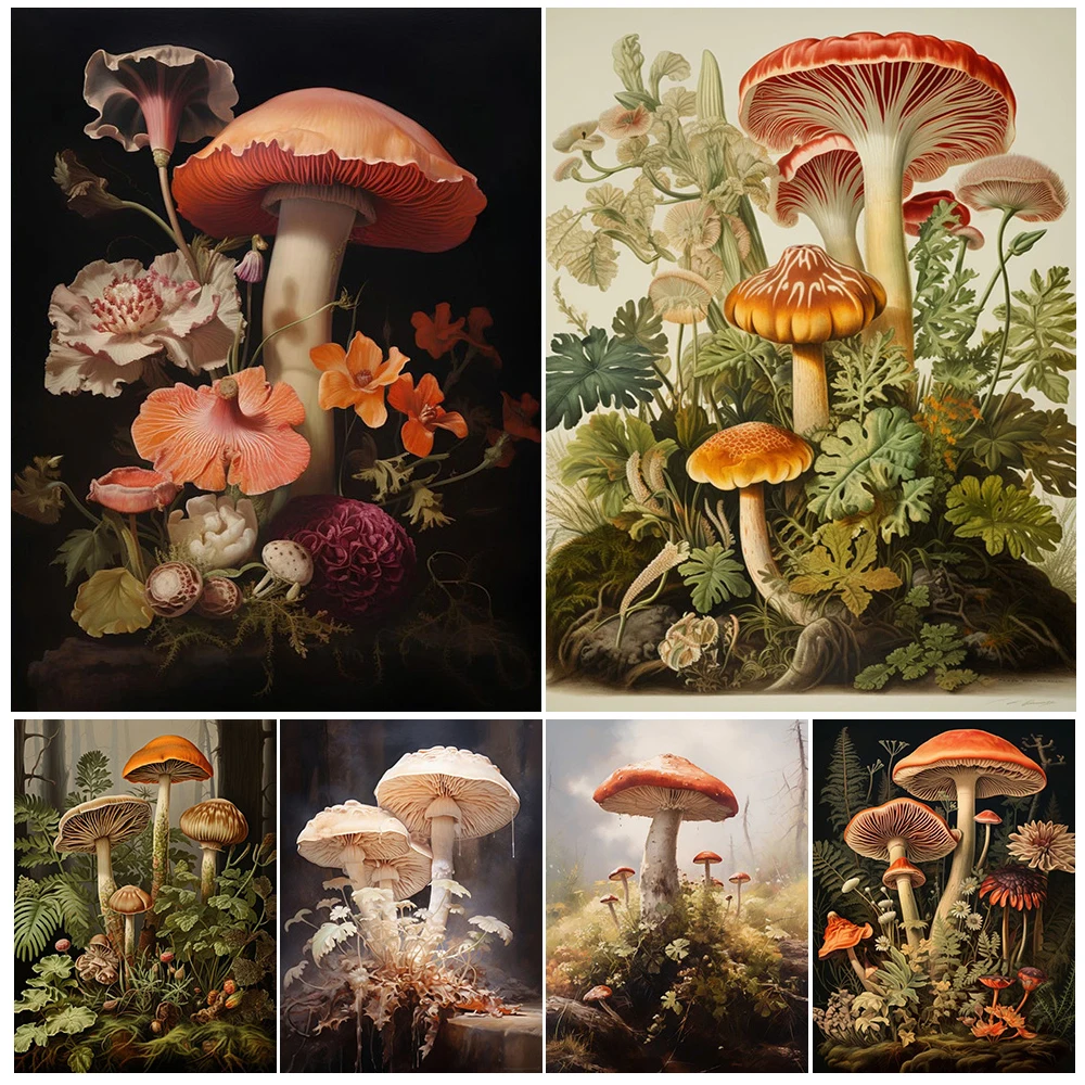 

Bright Psychedelic Mushroom Plants Vintage Wall Art Canvas Painting Woodland Fungi Fantasy Art Poster Print Home Decor Unframed