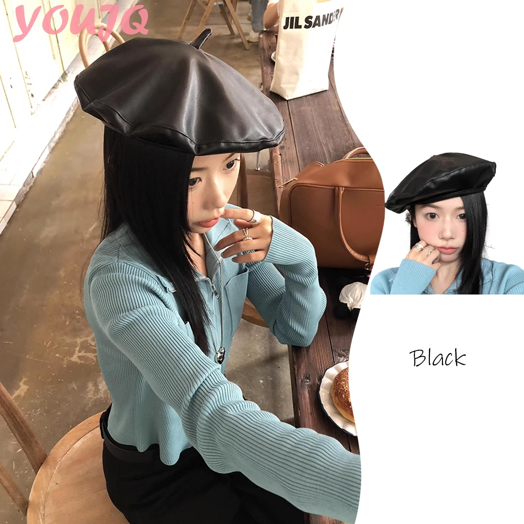 

Y2K Retro Black Oversize PU Leather Beret Hats for Women Korean Casual Winter Hat Elegant Lady Artist Painter Flat Top Caps