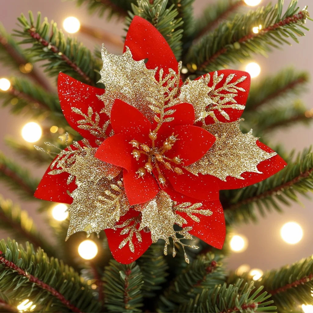 

5/10pcs 14.5cm Christmas Flower Ornaments Red Gold Glitter Artificial Flowers for Home Christmas Tree Wreath DIY Xmas Decoration