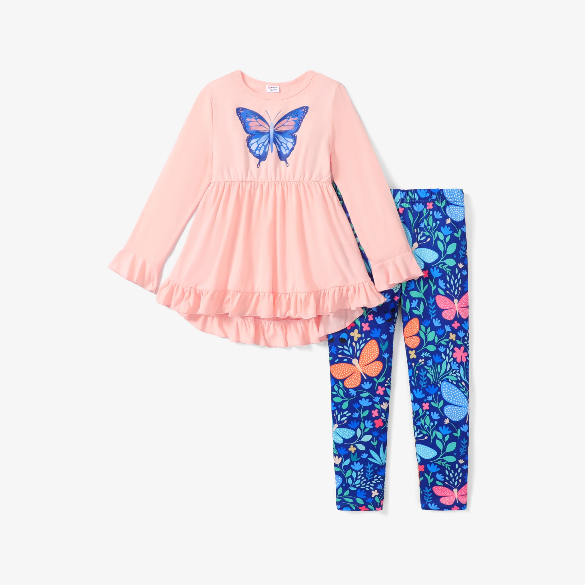 PatPat 2-piece Kid Girl Butterfly Print Ruffled Hem Long-sleeve Top and Leggings Set