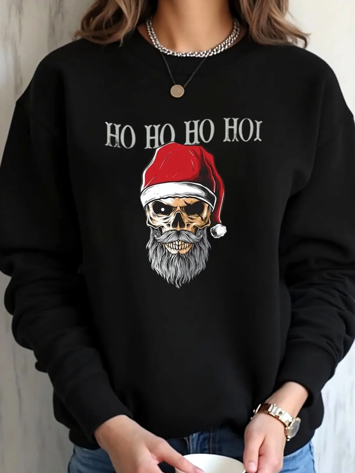

Женская толстовка большого размера с рождественским черепом, шляпа Санта-Клауса Ho Ho, верхняя одежда с принтом