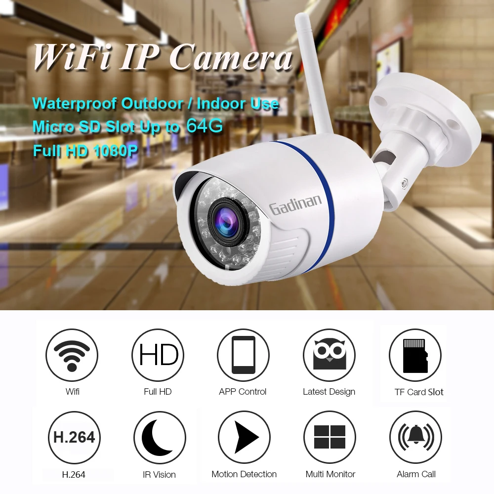 Gadinan WiFi HD Camera Bullet with P2P RTSP Motion Detected Waterproof 1080P 720P Wireless IP Camera 64G SD Card Slot iCSee