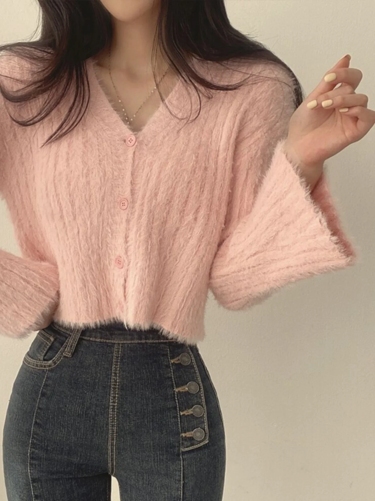 Chic Short Sleeve Bell Sleeve Open Cardigan Knitted Jacket Women's Autumn Winter V Neck Single Button Sweater Korean Style Sl... view 2