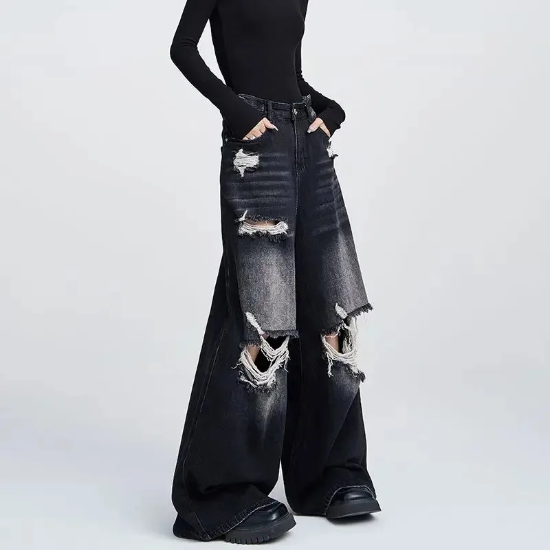 QWEEK Oversized Ripped Woman's Jeans Y2k Korean Fashion Vintage Denim Pants Grunge Wide Leg America High Street Retro Trousers