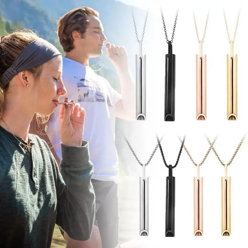 Breathing Whistle Necklace Portable Mindfulness Breath Training Pendant Metal Stress Relief Neck Jewelry for Daily Relax Use