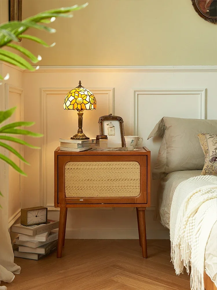 

ZRetro Solid Wood Rotating Bedside Table Dresser Rattan Dresser Integrated Bedside Storage Side CabinetZ