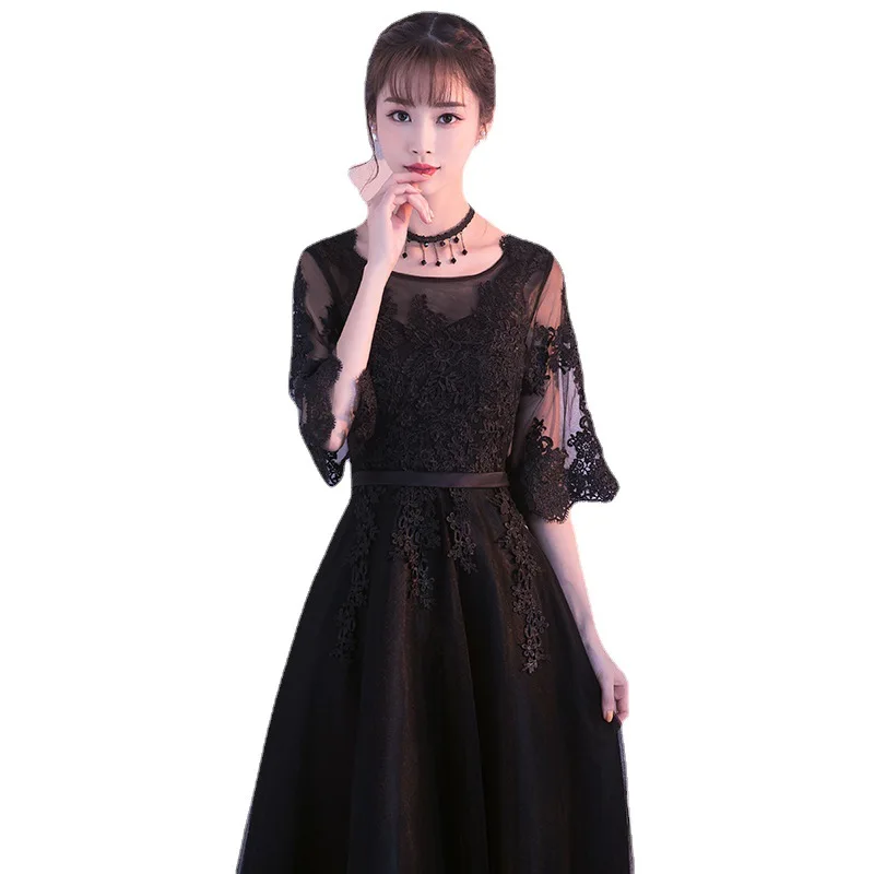 Robe De soiree negro con cordones Vestido Formal delgado elegante una línea Vestido De fiesta vestidos De noche De lujo Vestido De fiesta vestidos De graduación