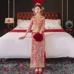 Robe de mariée chinoise traditionnelle en satin Cheongsam pour femmes, broderie financière, dragon et phénix, Qipao rouge, robe longue éducative, prairie