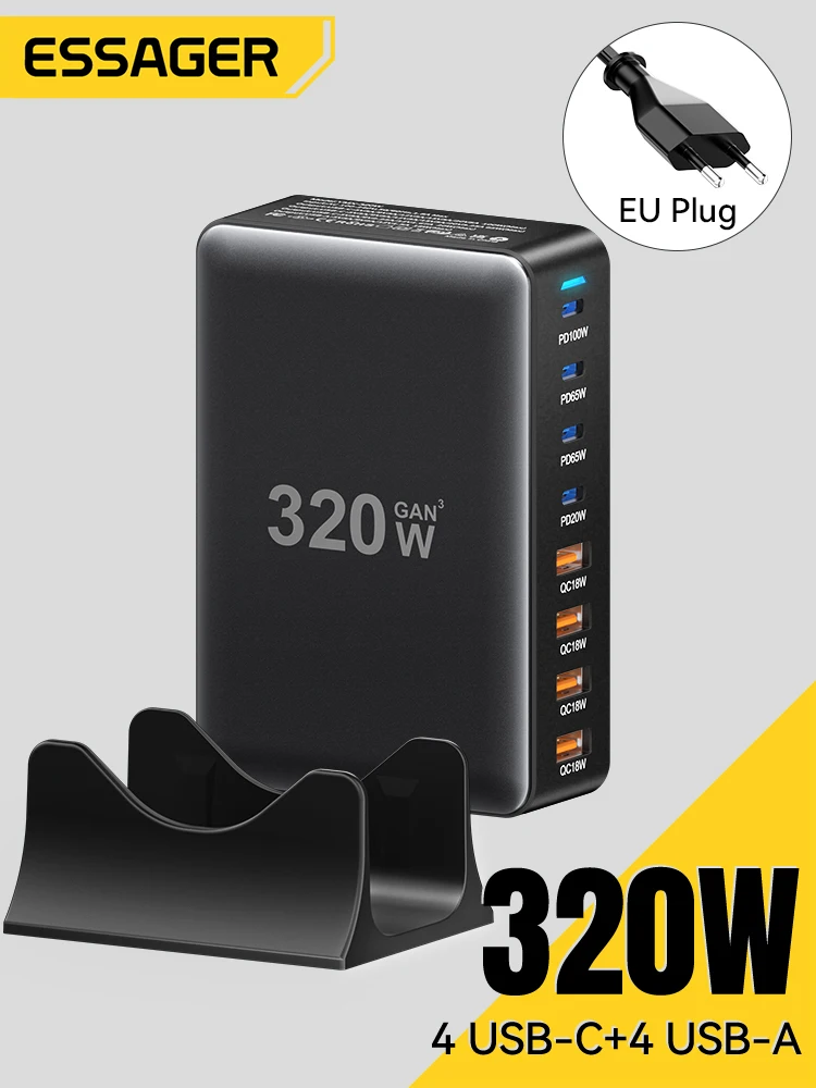 Ładowarka Essager 320W GaN z 8 portami USB typu C, biurkowa stacja ładująca PD 100W z szybkim ładowaniem do iPhone 17 16 15, iPad, MacBook, laptopa — zdjęcie 2