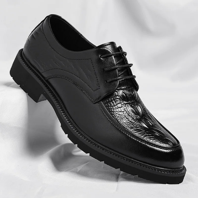 

Men's leather shoes for business formal wear, crocodile-patterned British casual retro lace-up wedding groom shoes