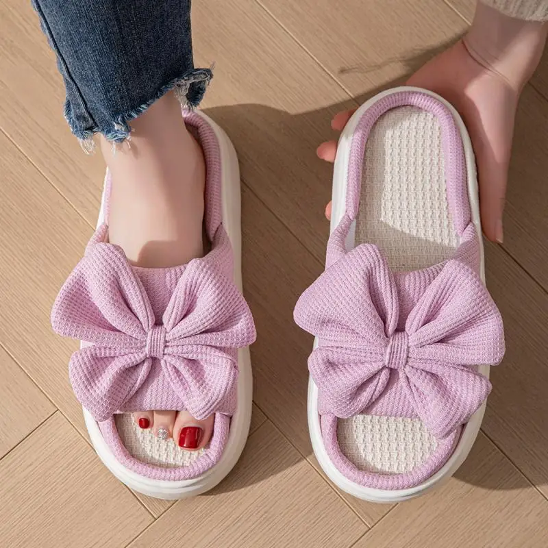 Hemp Platform Slippers Women Home Bow Sweet Casual Designer Shoes Ladies Spring Summer Indoor Slides Soft Sole Non-Slip Floor image 5