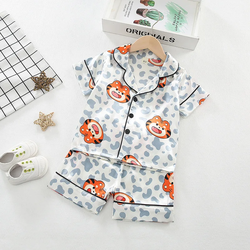 Children Silk Satin Pajamas Set Baby Boys Girls Cartoon Lapel T-shirt Shorts 2Pcs Suit Kids Summer Ice Silk Nightgown Loungewear