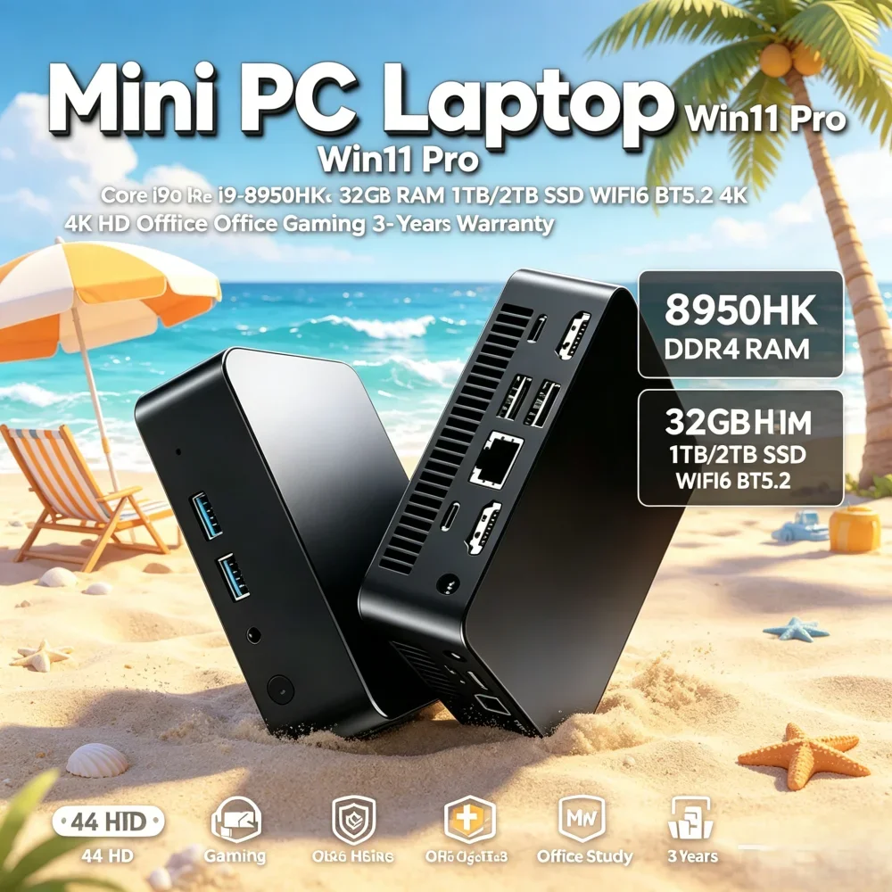 Mini PC Laptop Win11 Pro Core i9-8950HK 32GB RAM 1TB/2TB SSD WiFi6 BT5.2 4K HD Office & Gaming 3-Year Warranty