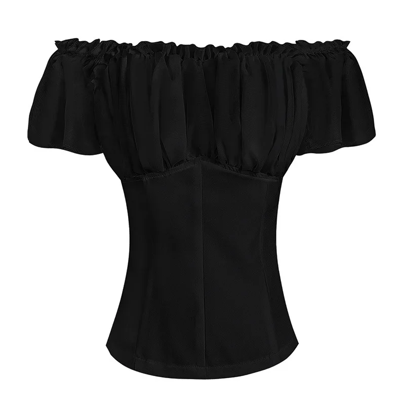 قميص نسائي صيفي جديد أوروبي أمريكي لعام 2025 مثير بدون أكتاف ، قميص نسائي بلون واحد وأكمام فقاعية #4