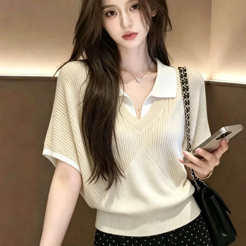 Neck Contrast Patchwork Two Ice Silk Korean Tops Women Clothes Thin Short Sleeve Trend T Shirts Elegant Fashion Summer