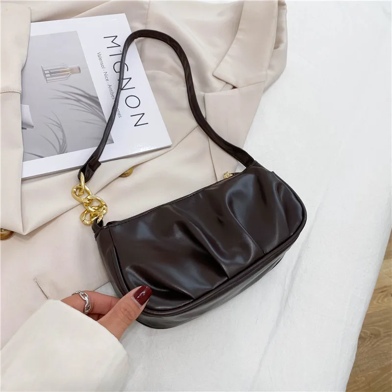 Pleated Cloud Chain Splicing Shoulder Bag Girl Fashionable Underarm Bag PU Leather Solid Color Handbag Simple Commuting Satchel