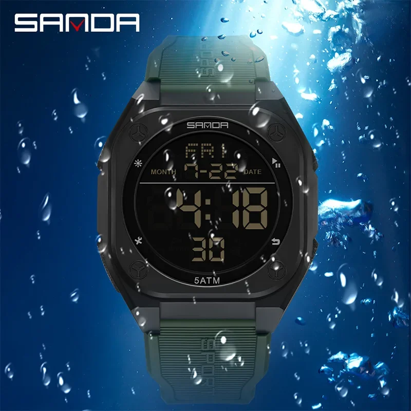SANDA LED 디지털 남자 시계 다기능 알람 시계 빛나는 방수 실리콘 손목 시계 캐주얼 학생 전자 시계