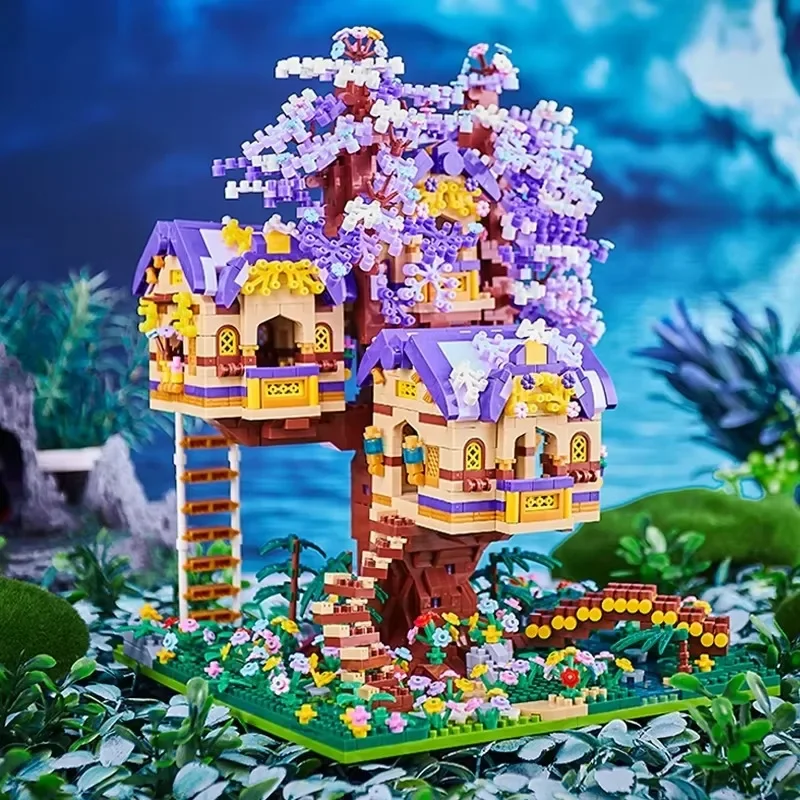 Lila Blume Baum Haus Gebäude Mikropartikel Baustein Klassisches Modell Mädchen Junge Schwierige Montage Miniatur Blöcke Spielzeug K