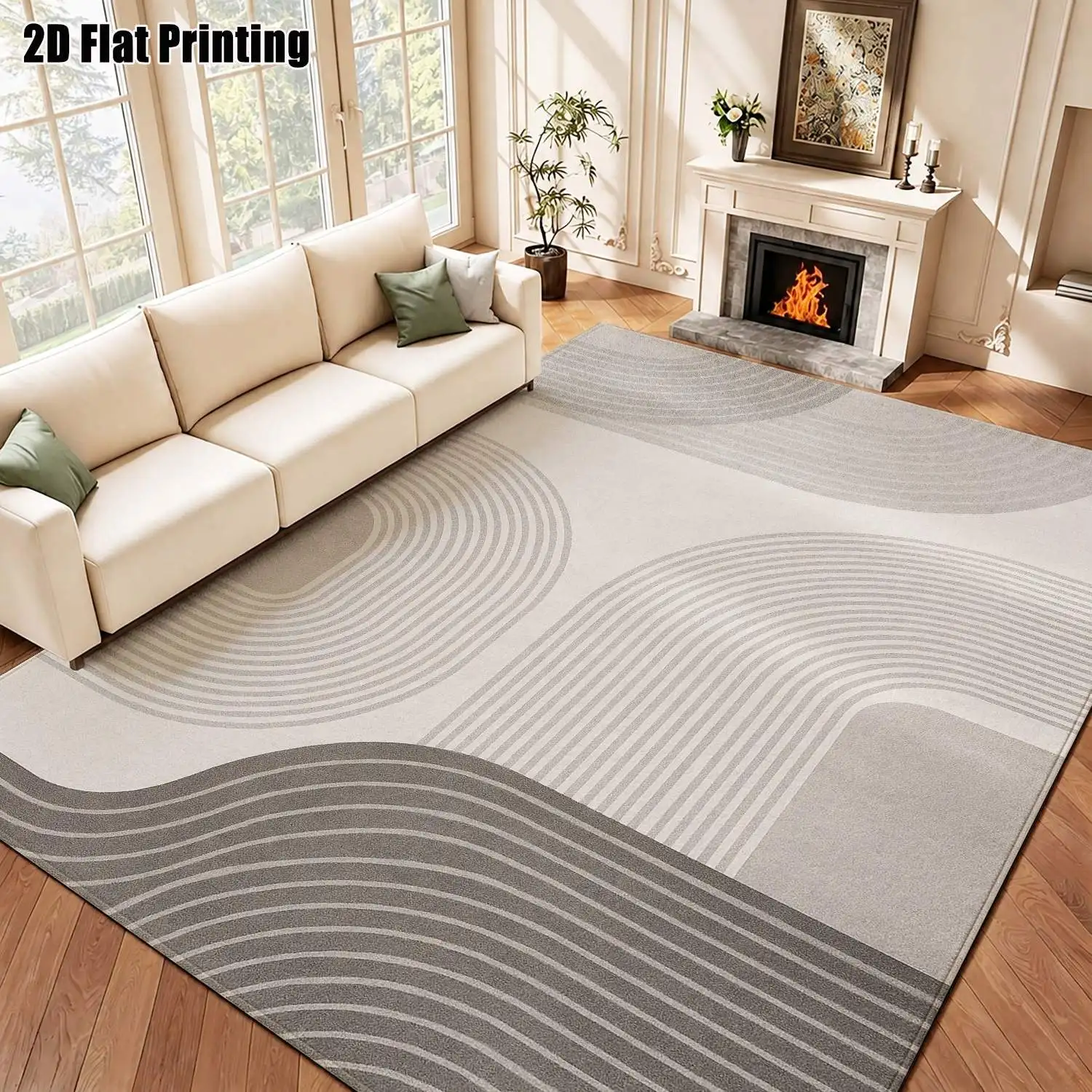 1Pc 2D Printed Gray-White Geometric Line Nordic-Style Carpet, Instagram-Inspired Modern Minimalist Floor Mat, Machine Washable, Multi-Size, Suitable for Home Decor, Entrance/Dining Room/Foyer/Living Room/Bedroom Use
