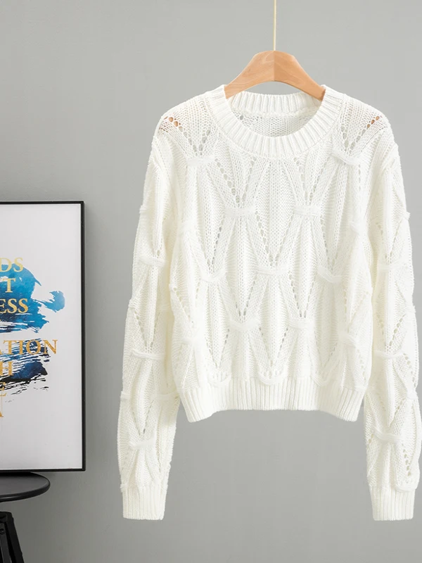 Damski sweter z dzianiny, nowość na jesień 2025, okrągły dekolt, długi rękaw, casualowy, dopasowany krój, ażurowy wzór, styl do pracy.