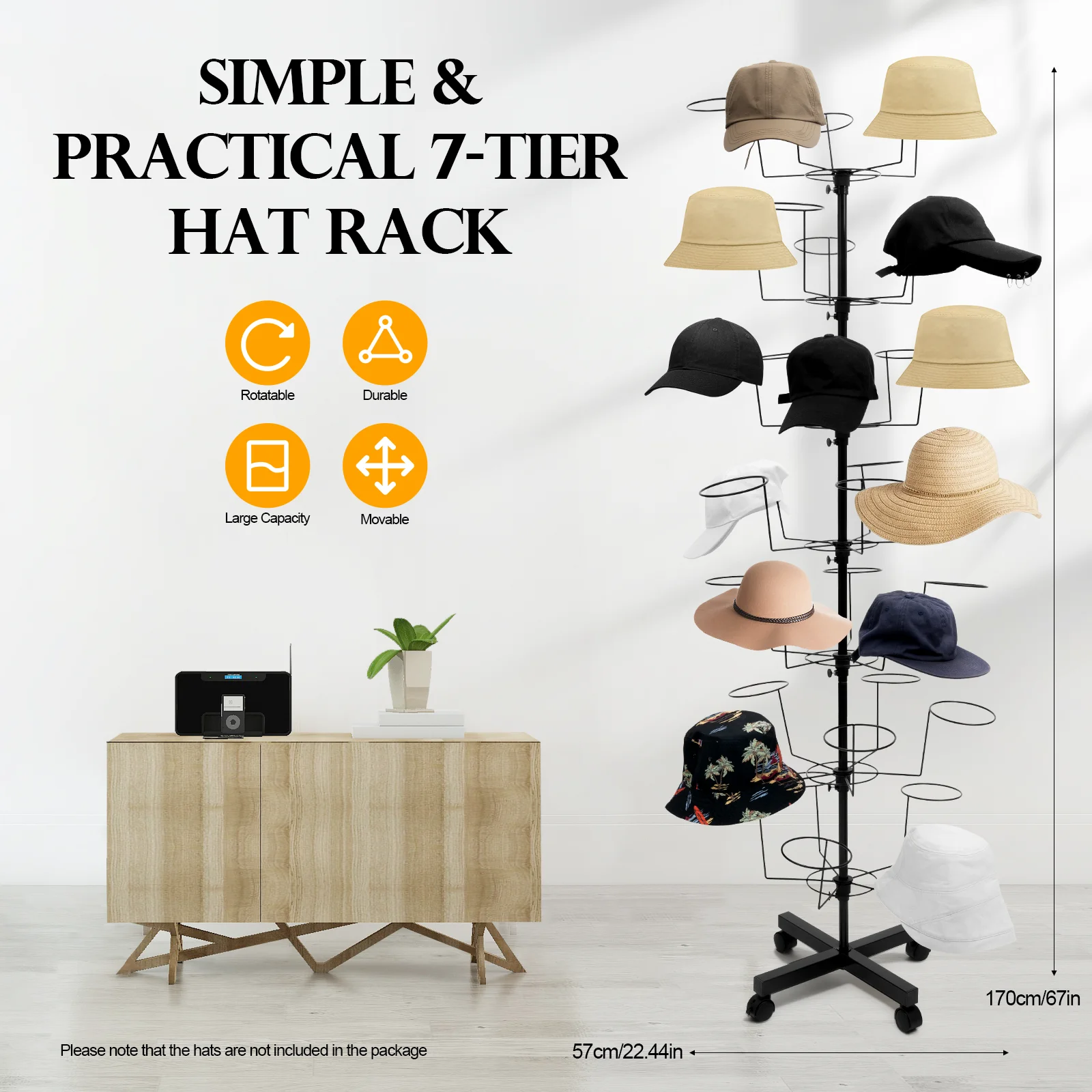 Black 7-tire rotatable Hat Rack 35 Hat Rests Bottom of The Rack Is Equipped with Four Pulleys Suitable for Office Home Store