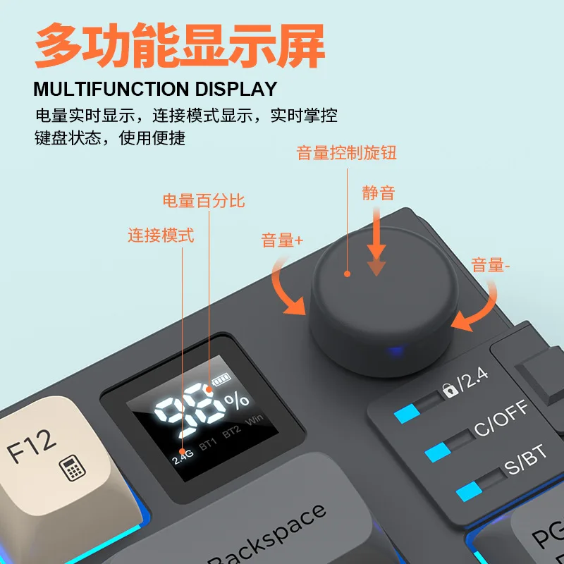Wireless Bluetooth dual-mode mechanical keyboard and mouse set with display and knob, three-color color