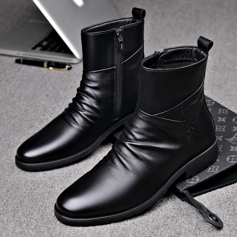 Genuine Leather Men Boots High Quality Cowhide Leather Boots Fashion High Top Motorcycle Boot Men's Business Casual Dress Boots