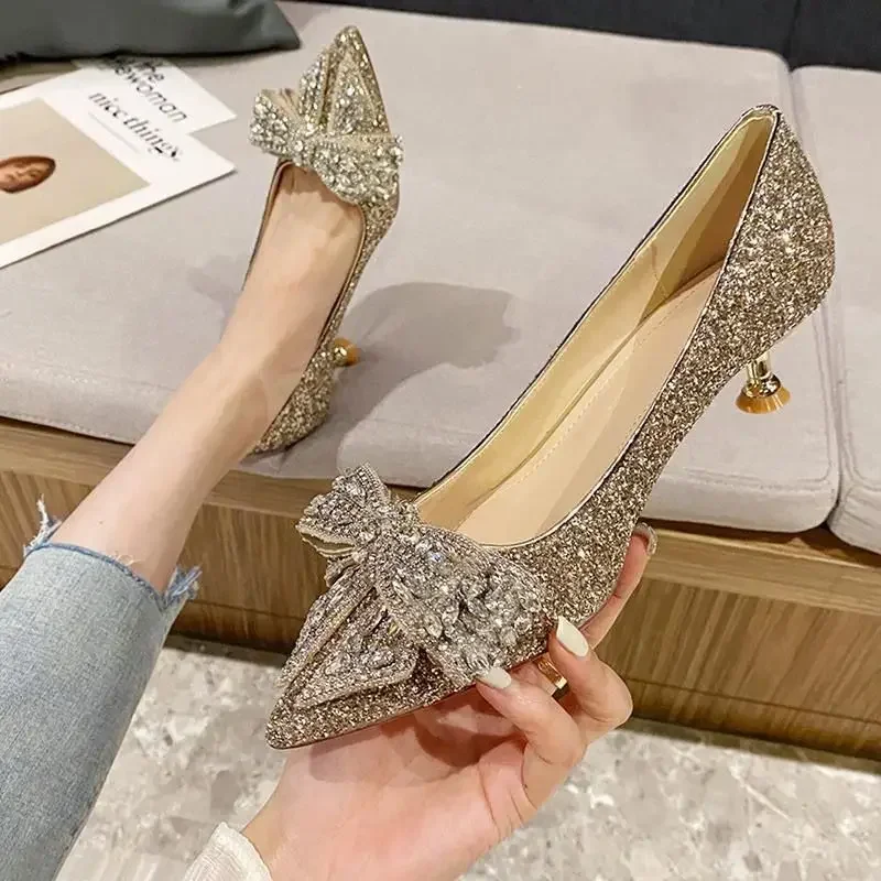 Women\'s Summer Footwear Stilito Rhinestone Shoes for Woman 2024 with Wedding Bride Genuine Mark Chic and Elegant A Comfortable E