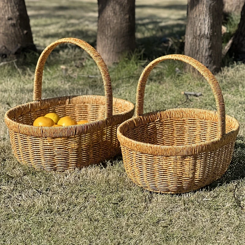 Panier en rotin de style japonais – Grand porte-épicerie et pique-nique tissé à la main. Cadre en plastique durable et poignée robuste.