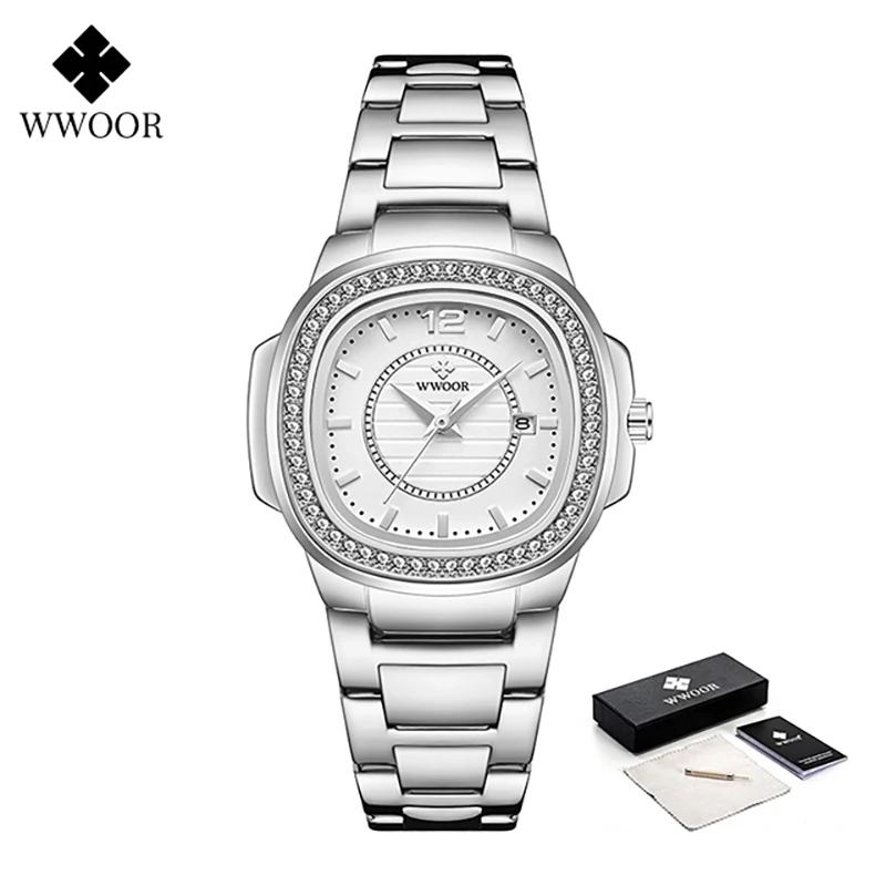 WWOOR Luxury Women White Watch Fashion Ladies Diamonds Quartz Wristwatch Calendar Female Clock Bracelet Watch New Elegant Reloj