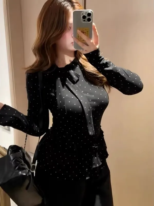 

Женская вязаная базовая кофта больших размеров в черный горошек с завышенной талией, утягивающая, для многослойных образов, осенне-зимняя, новая модель