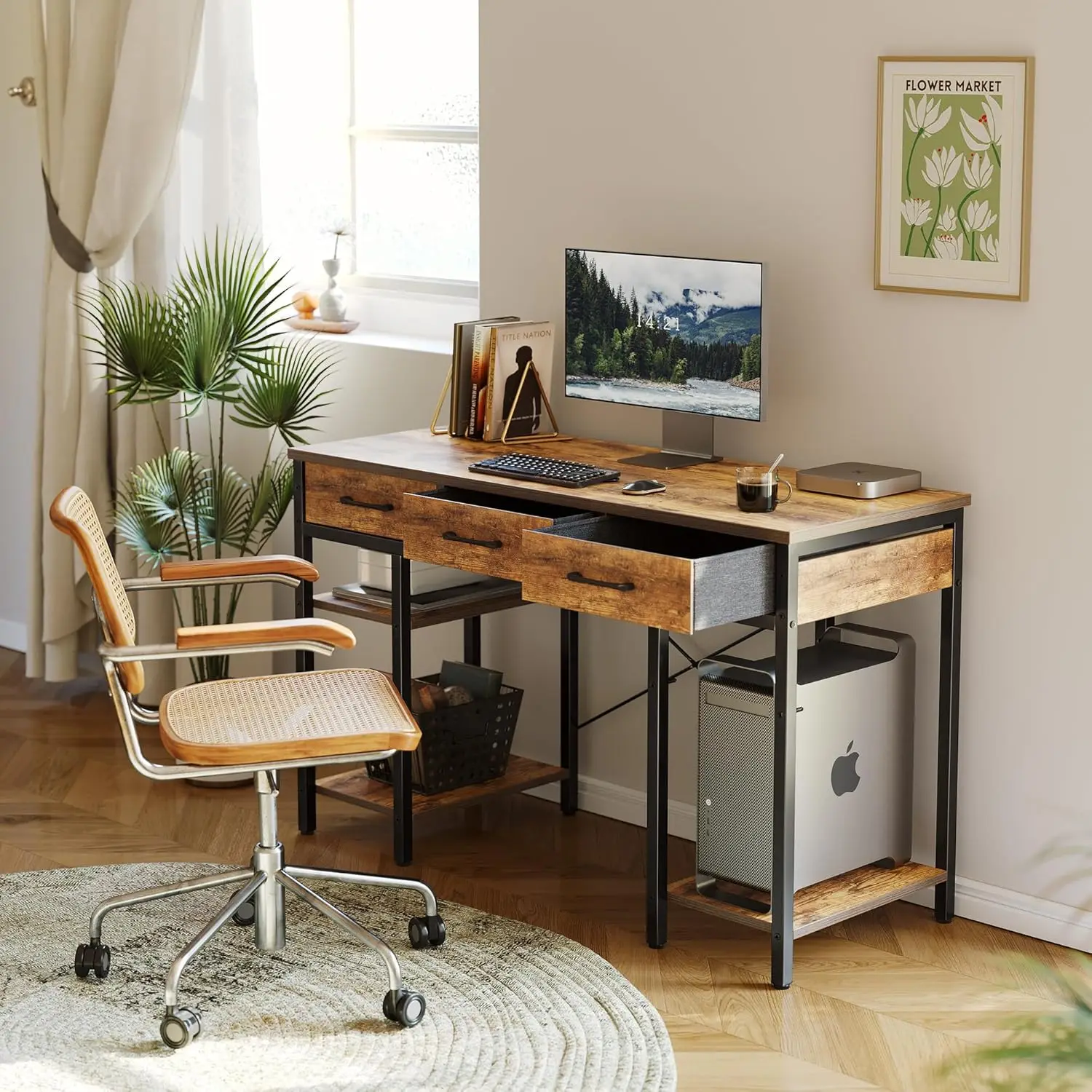 Small Rustic Brown Computer Desk with 3 Drawers & Shelves for Home Office Study Gaming - 47 Inch Workspace Table