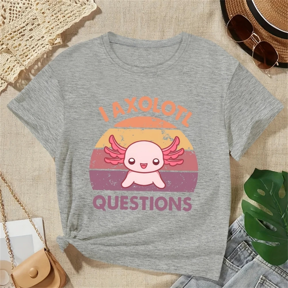 Girl Clothes Cartoon Axolotl Print Creative T-Shirts Crew Neck Children\'s Clothing Comfy Tops Short Sleeve Children Clothes Girl