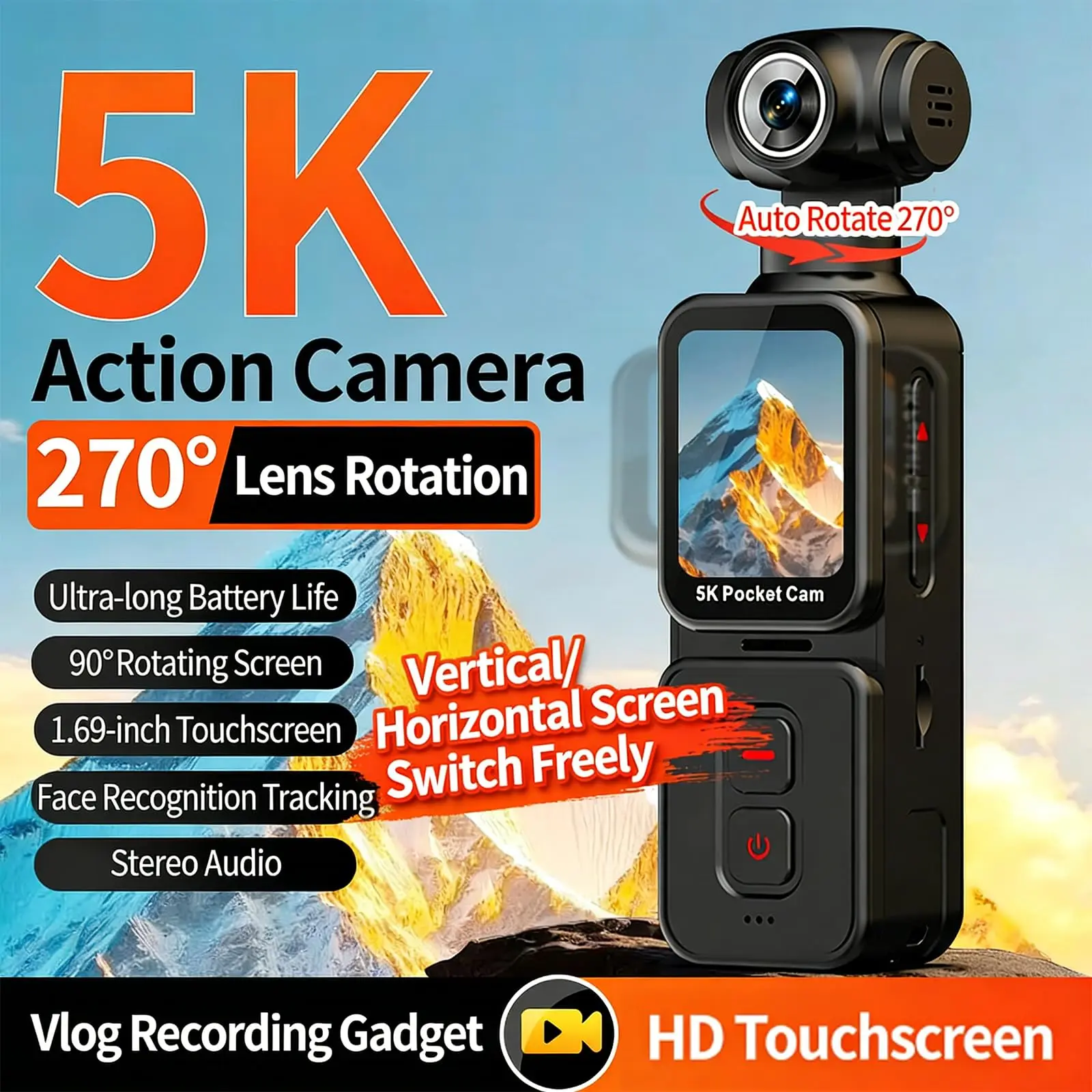 Cámara de Mano 5K HD 270 °   Cámara de Acción con Lente Gran Angular de Rotación Automática, Cámara de Bolsillo Portátil para Viajes, Deportes y Vlogs