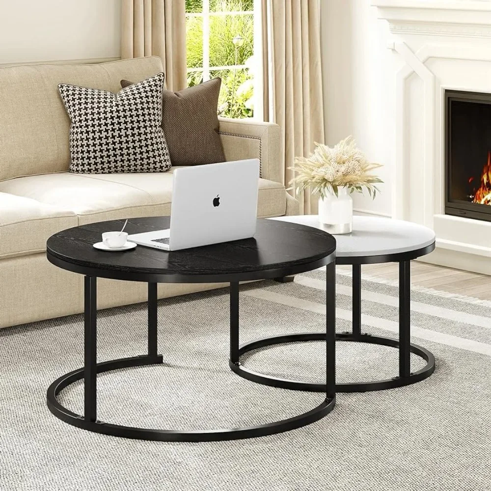 

Coffee Table 2-Piece Set, Modern Round Stacked Round with Storage, Wooden Top Metal Frame End Side, Black & White