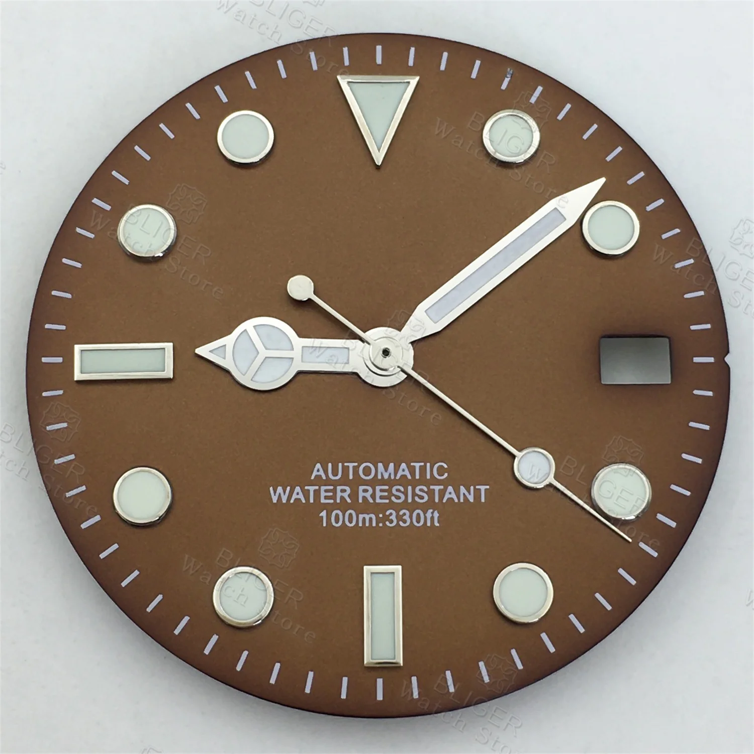 BLIGER 29mm Watch Dial Hand Brown Coffee Dial With Silver Rose Edge Time Marks Date Window Green Luminous For  NH35 NH36 Moveme