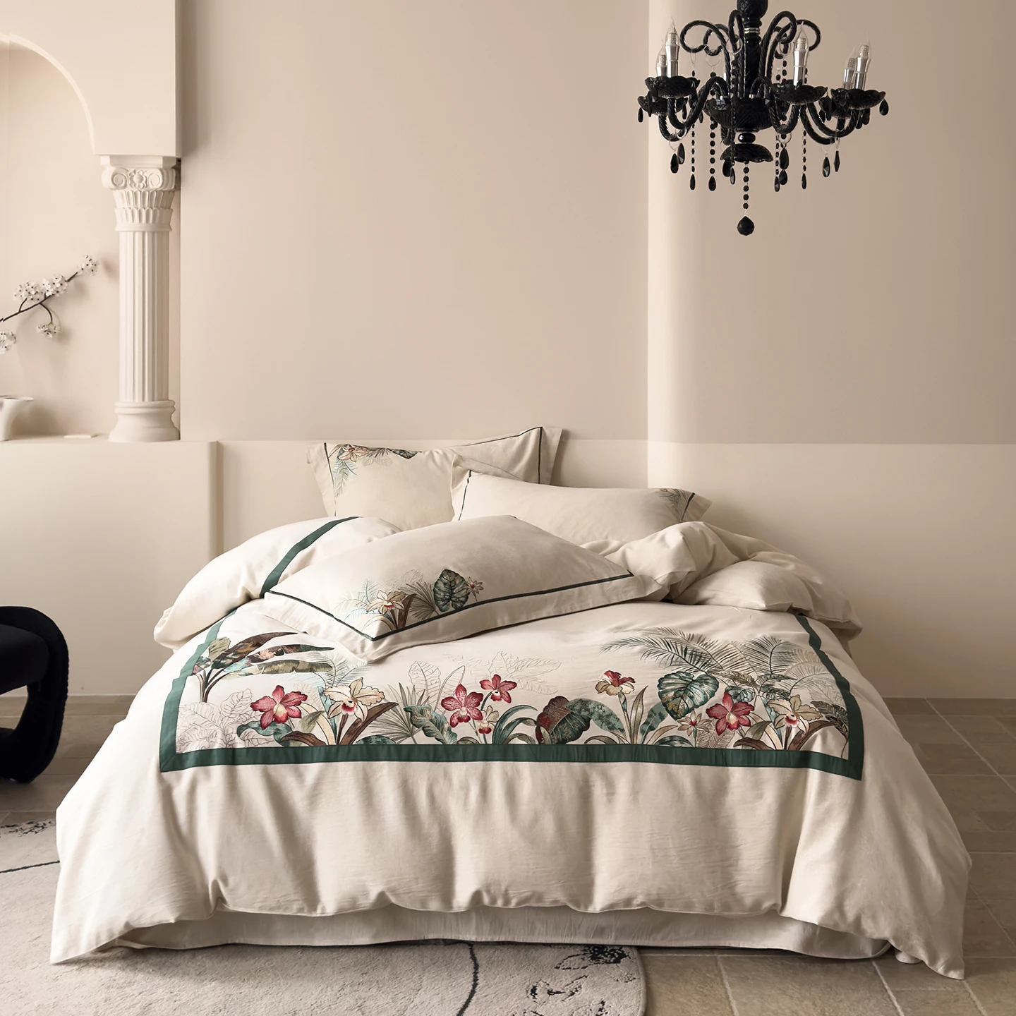 

Tropical Rainforest Flowers and Plant Embroidery Bedding Set 20% Linen 80% Cotton Duvet Cover Flat/Fitted Bed Sheet Pillowcases