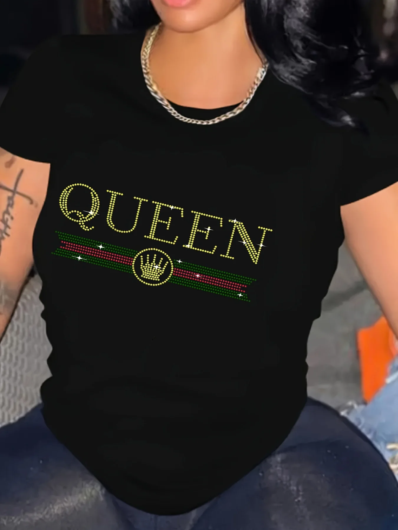 حجر الراين الملكة رسالة طباعة مريحة وناعمة تي شيرت الرياضة ، قصيرة الأكمام ، تشغيل السببية طاقم الرقبة أعلى ، Activewear المرأة