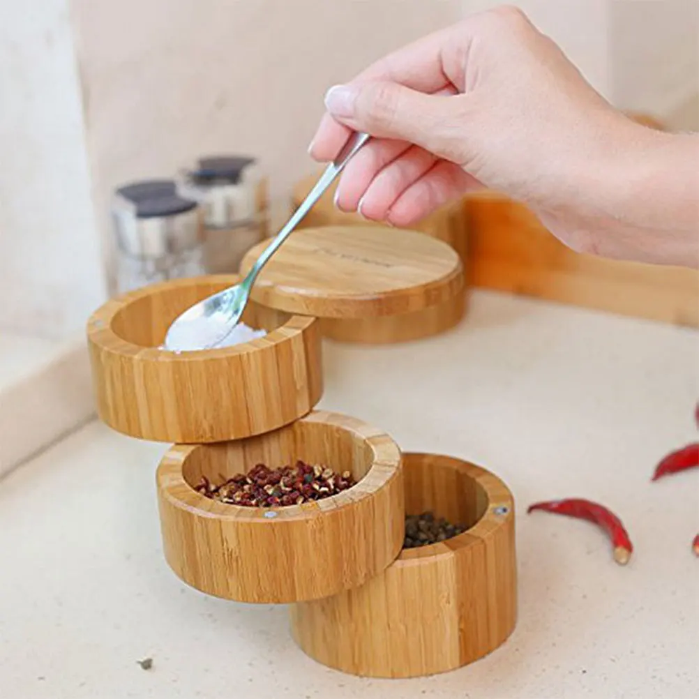 

Bamboo Spice Box Seasoning Container Storage Jar Holder Rotating Layer Design Suitable Salt Pepper Kitchen Gadgets