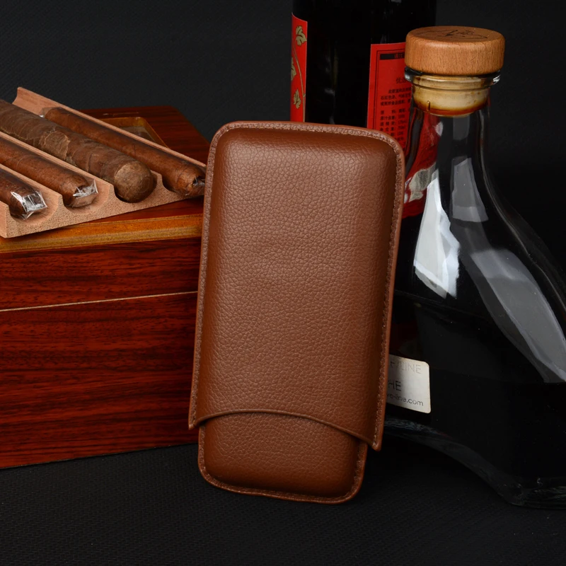 Classic Cigar Case  Leather Cigar Holder Mini Travel Humdor 3 Tubes 54R Brown Cigar Box Exellent Smoking Accessory for Men