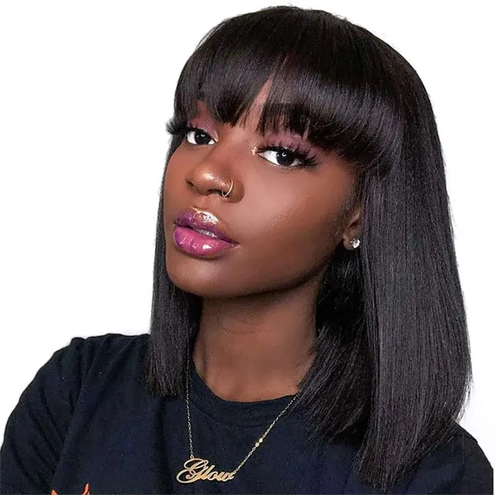 Brazilian Straight Human Hair Wig with Bangs Remy Bob Wigs Full Machine Made Wig for Women Glueless Straight Bob Wig With Bangs