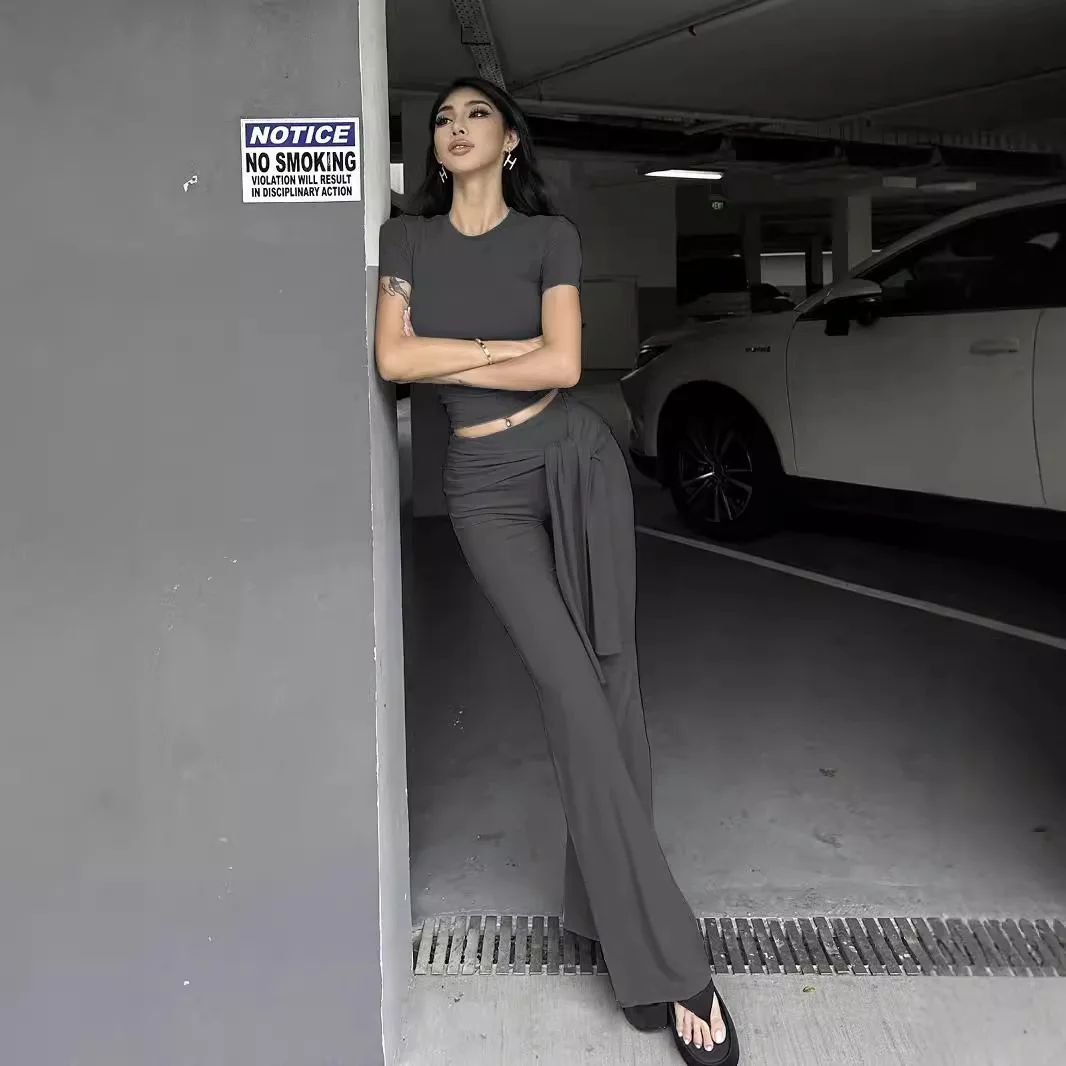 Women Sports Set 2025 New 2 Piece Outfit Slim Fit Crew Neck T Shirt & Low Rise Ruched Wrap Flare Pants Set For Women