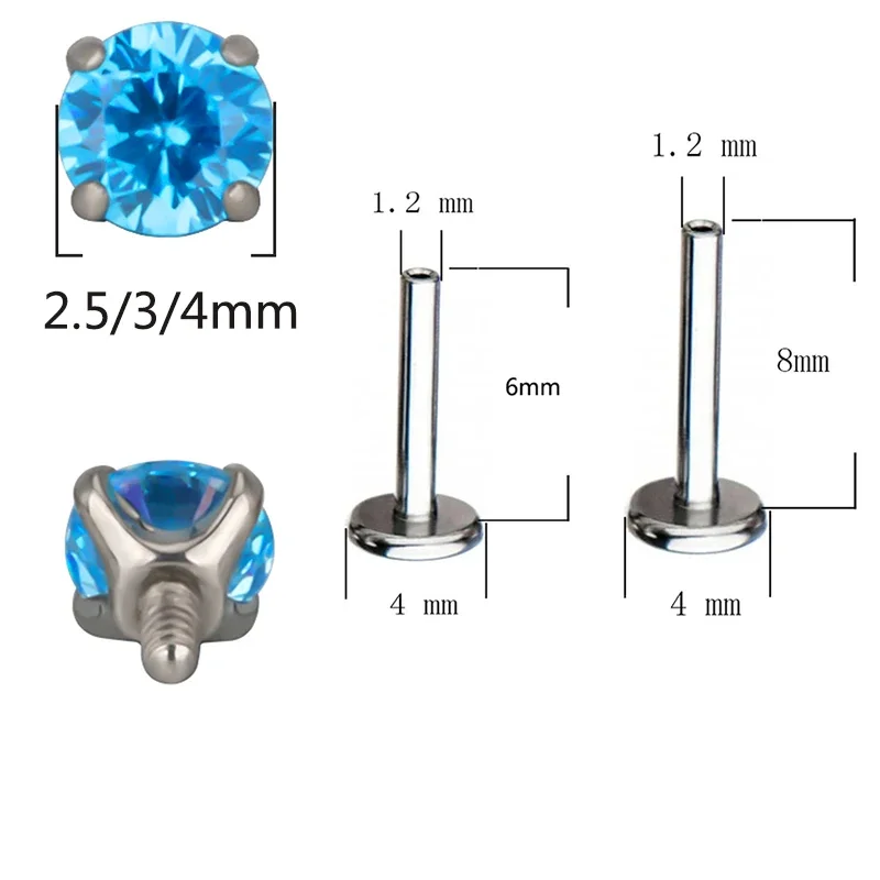 Titânio Faux Ear Lip Studs, Circular CZ Top Labret Nariz Stud, Brincos roscados, Multi Tamanho Body Piercing Jóias, ASTM F136