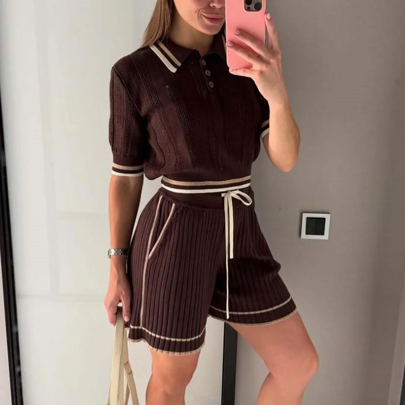 Preppy Style Striped Trim Knitted Two Piece Outfit Women Short Sleeve Knit Top Elastic Waist Drawstring Shorts Matching Set