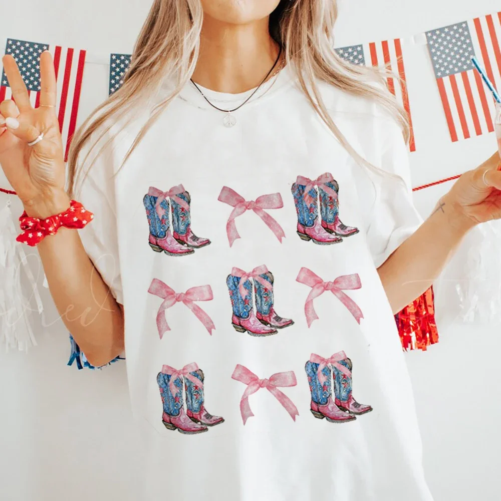 Coquette Western 4th Of July Doodles Printed Watercolor Printed Top T-Shirt Printed Cartoon Women\'s Pattern Trendy Versatile T-S