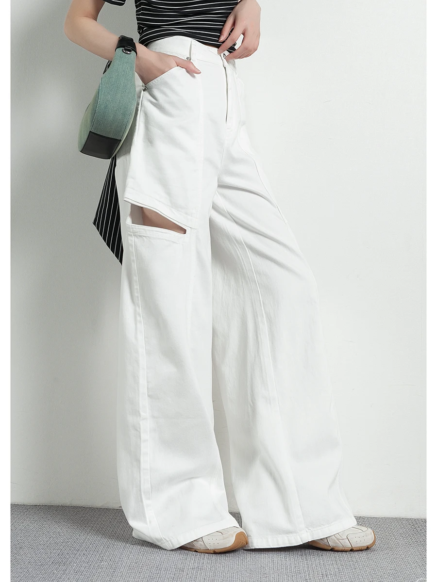 

Джинсы женские Tide PA с боковыми разрезами, широкие, летние, с высокой талией, повседневный стиль, белые, с дырками, стандартный крой